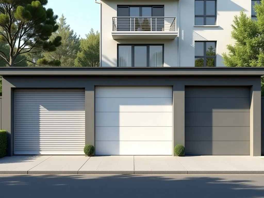Trois portes de garage de types différents côte à côte