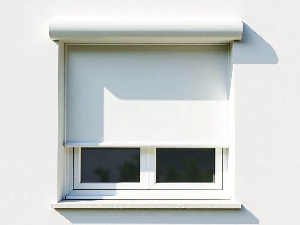 Volet roulant en PVC blanc partiellement descendu sur une fenêtre